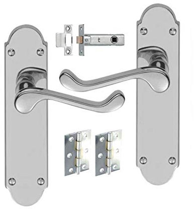HANDLESTORE Shaped Scroll Door Handle Pack – Polished Chrome Lever on Backplate with 2.5 Tubular Latch & 3 Hinges