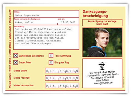 Kartenmachen.de 10 x Danksagungskarten Jugendweihe Dankeskarten individuell mit Foto und Text als Krankschreibung in Gelb
