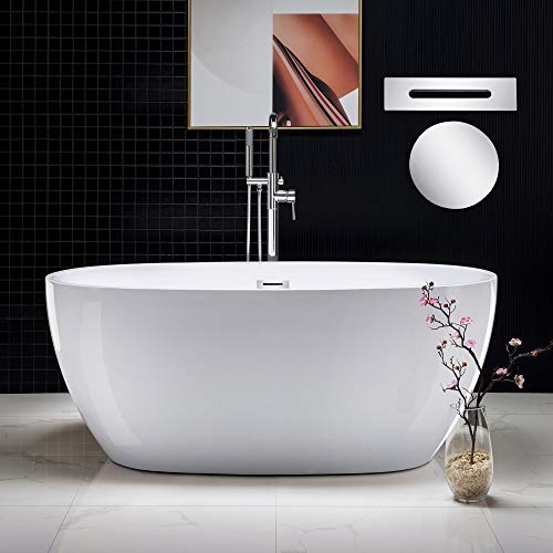 WOODBRIDGE 59 Acrylic Freestanding Bathtub Contemporary Soaking Tub, White Acrylic (Chrome Drain/Overflow),BTA1518 -C-Drain &O