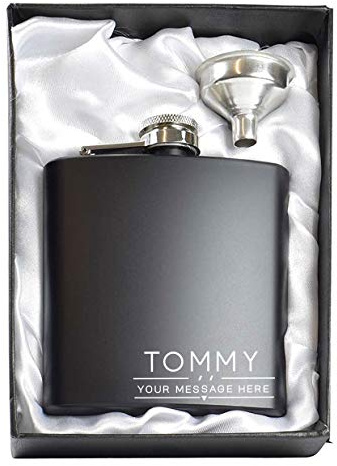 Personalised Stainless Steel 6oz Hip Flasks in a White Lined Satin Gift Box + Funnel (Design 2)