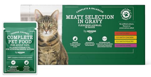 by Amazon Katzenfutter, nass, für ausgewachsene Katzen, Fleischauswahl in Sauce, 4.8kg (48 Packungen mit 100g)