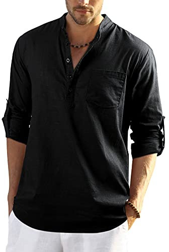 Enlision Mens Black Cotton Linen Shirts Long Sleeve Shirt Button Down Henley Shirts Lightweight Casual Plain Tops for Men XL