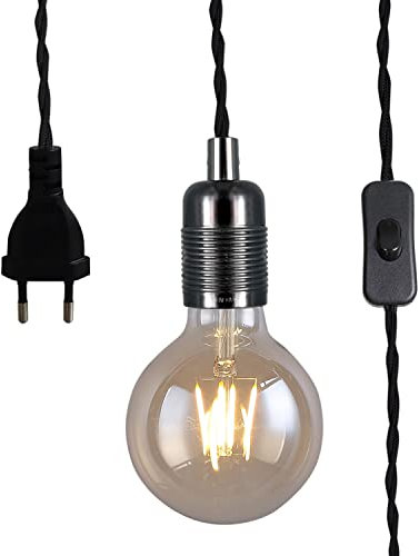 SHINY STAR 81904BPG Suspension noire, avec plug-in, style vintage, kit de douille E27, câble torsadé tressé de 4,5 m, avec interrupteur marche/arrêt