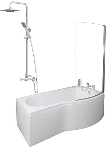 1700 x 900mm Right Hand P-Shaped Curved Shower Bath Bathroom Bathtub Glass Shower Screen Front Panel & Thermostatic Mixer Shower Set Handheld Chrome Square Rainfall Head