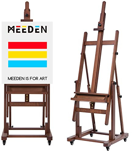MEEDEN Extra Large H-Frame Studio Easel - Solid Beech Wooden Artist Professional Heavy-Duty Easel, Painting Art Easel Stand with 4 Premium Locking Silent Caster Wheels, Hold Max 82, Classic Walnut