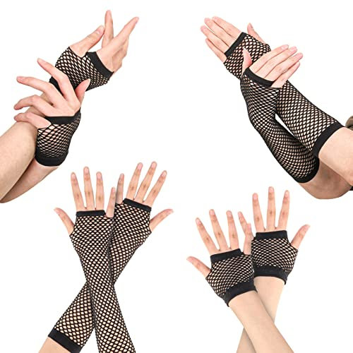 Dacitiery 4 Paar Netzhandschuhe Damen Lang und Kurz Fischnetz Handschuhe Schwarz Fingerlose Fischnetz Handschuhe Netz Mesh Abendhandschuhe für 80er Jahre Verkleidung Kostüm Party