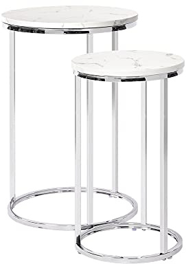 BELIWIN Nest of Tables Set of 2 Round Coffee Table with Marble Desktop Metal Frame Stackable Side Table for Living Room Bedroom Office Small Space
