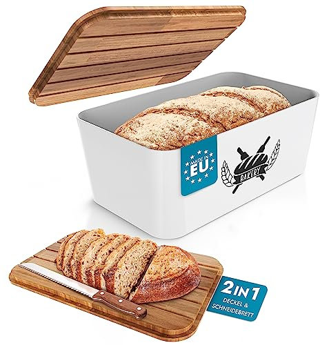 WOHNOASE® Boîte à pain [pour tous les types de pain] – avec couvercle/planche à découper 2 en 1 – Boîte à pain en plastique (sans BPA) – Rangement du pain – (bois certifié FSC) – Boîte de rangement