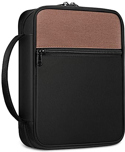 FINTIE Bibelhülle Bibelumschlag, Tragen Bibel Buchumschlag in Standardgröße, Bibeletui mit Griff und Reißverschluss Tasche, Bibelüberzug Geschenk für Männer Frauen, (Schwarz/Brau)