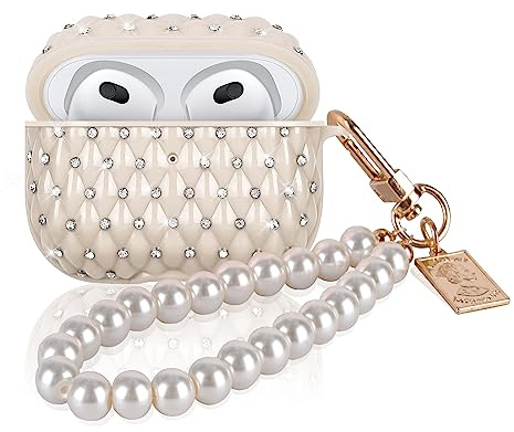Sparkle Taschen für Airpods 3 Generation mit Cristal Diamant Design, Glitzer Stoßfeste Schutzhülle mit Schlüsselanhänger Perle für Mädchen, Silikon TPU Hülle Anti-Rutsch Ultradünn Kein Geruch - Beige