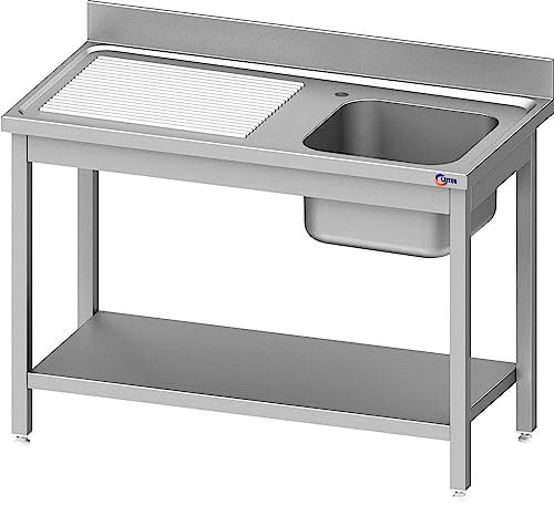 Cleiton® Fregadero de Acero Inoxidable de 1 Seno con Escurridor Izquierda 1400x700x850 mm Desmontable | Pica Industrial con patas | Pila Lavadero