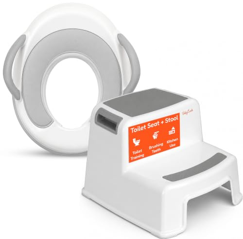 Babycurls Toddler Toilet Training Seat with Handles and Non Slip Double Step Stool Combo - Secure Fit, Anti-Slip Surface and Lightweight Portable Design for Safe Stress-Free Kids Potty Toilet Training