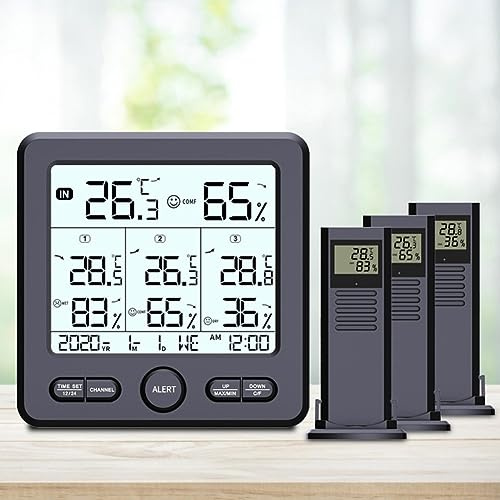 Digitales Thermometer-Hygrometer, Funk-Wetterstation mit LCD-Display, 3 Innen-Außensensoren Innen- und Außenthermometer, Schwarz