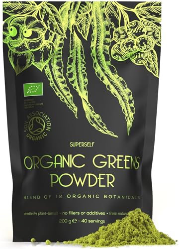 SuperSelf Organic Super Greens Powder - No Additives - 12 Supergreens - Daily Superfood Green Powder with Matcha, Spirulina, Wheatgrass, Chlorella, Acai - 40 Servings - High in Vitamins Protein Fibre