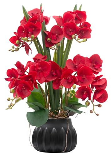 CXGS Künstliche Orchidee, 50 cm, fühlt sich echt an, in Keramikvase, rote künstliche Phalaenopsis-Blumenarrangement, Seidenorchideen mit Stielen für Tafelaufsatz, Tisch, Heimdekoration,