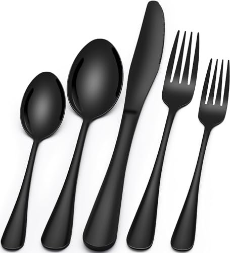 Besteck Set 6 Personen Schwarz, 30 teilig Edelstahl Besteckset, Essbesteck Set mit Messer Gabel Löffel, Hochwertiges Edelstahlbesteck, Hochglanzpoliert & Spülmaschinenfest