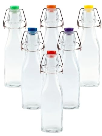 simpa Vintage Style Clear Glass Bottles with Assorted Colour Swing Top Lids. Square 250ml Bottles - Set of 6