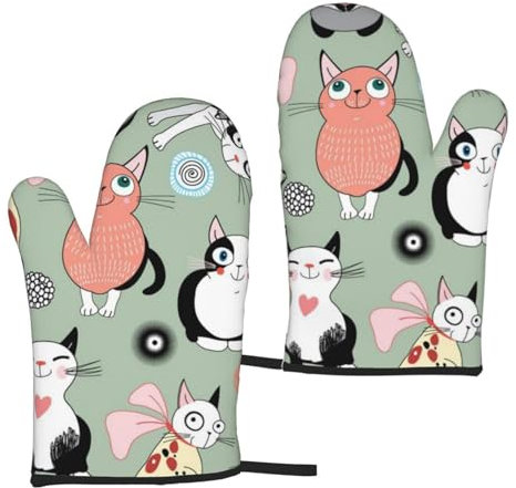 Ofenhandschuhe mit Cartoon-Katzen-Motiv, wasserdicht, hitzebeständig, zum Kochen, Backen und Grillen, 2 Stück