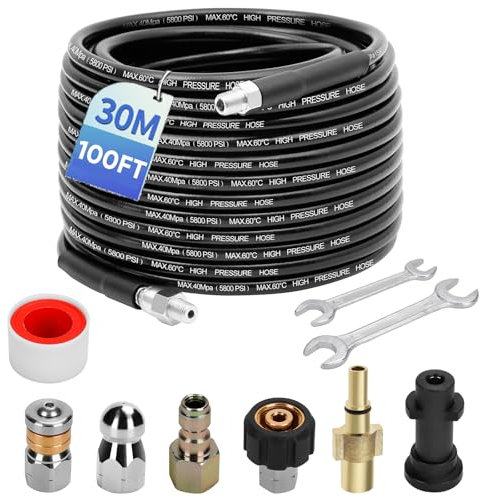 Ampvolts 30M/100FT High Pressure Washer Drain Pipe Hose Cleaning Kit, 400Bar/5800PSI, Compatible with Karcher K2 K3 K4 K5 K6 K7 Series, Includes 2 adapters, 2 nozzles