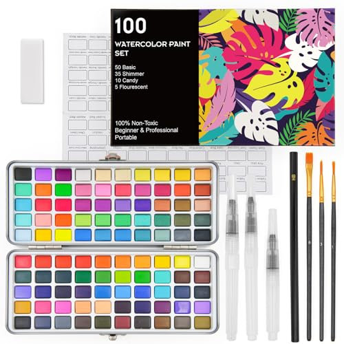 Dkinghome Aquarellfarben Set 100 Farben Aquarellfarben in Tragbarer Box, Wasserfarben Malen Set Aquarell Watercolor Mit Pinsel für Künstler und Malerei-Liebhaber