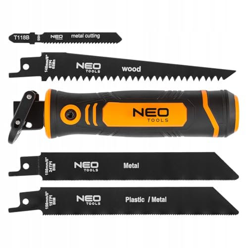 NEO TOOLS Mango de sierra con 4 hojas de sierra sable - Hoja de sierra sable para madera, metal en madera, metal - Conector con dos enchufes para una instalación rápida - Hojas de sierra sable