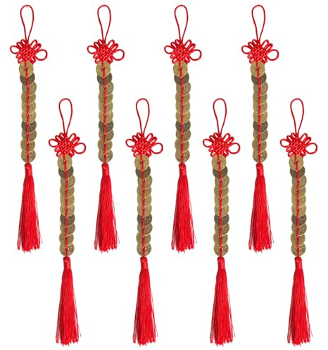 8 Pezzi Feng Shui Ciondolo Nappa Con Monete Cinesi Portafortuna, Nodo I-Ching per Ricchezza, Fortuna, Salute - Regalo Meraviglioso (10 Monete)