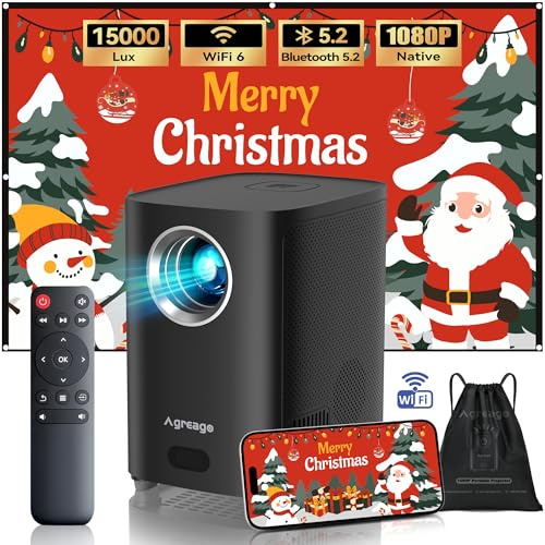Agreago Projector, [Electric Focus] Projector with WiFi and Bluetooth, 15000Lumens 1080P Native Portable Black Projector, Outdoor Movie Projector