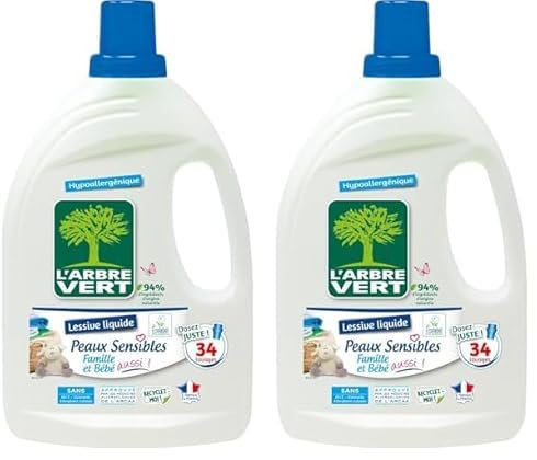 L'Arbre Vert Lessive Liquide pour Peaux Sensibles Famille et Bébé Hypoallergénique Sans Allergènes, 1,5L (Lot de 2)