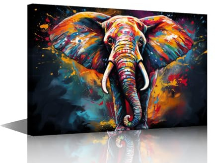 1 Panel Canvas Wall Art Oil Painting Style Pictures Print on Canvas for Home Office Hotel Wall Decorations, Colorful Painting of a Elephant Artwork Framed Gallery-Wrapped, 36 Wx24 H