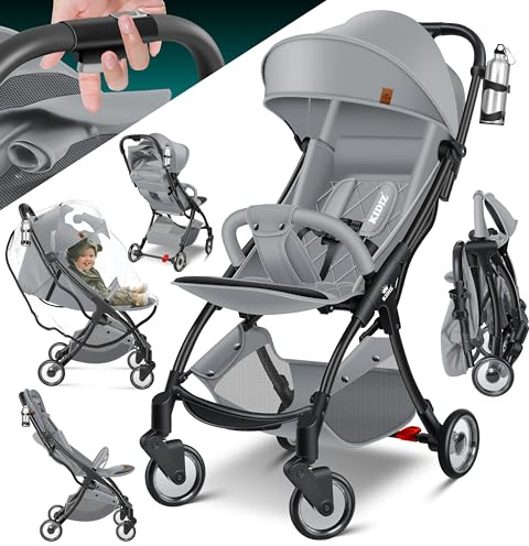 KIDIZ® Kinderwagen Premium Kinderbuggy klappbar Liegebuggy Sportwagen Faltbar 360°Räder 5-Punkt Gurt Inkl. Getränkehalter & Regenabdeckung, verstellbare Rückenlehne & Sonnenverdeck Grau