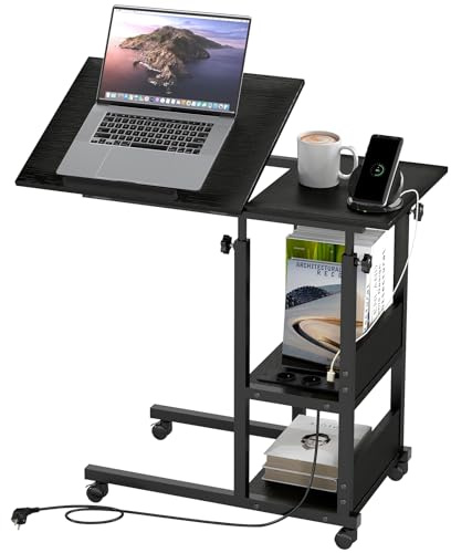 Hadulcet Beistelltisch Couch, Beistelltisch C-Form mit Rollen, verstellbare Tischplatte, Höhenverstellbar Sofatisch mit Steckdose, Laptoptisch mit Stauraum für Wohnzimmer & Schlafzimmer, Schwarz