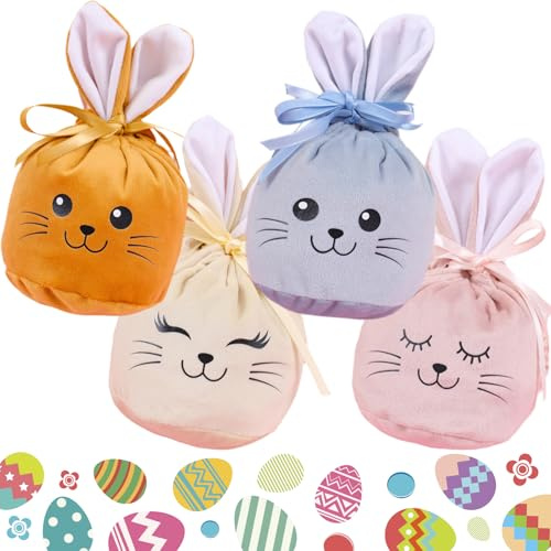 4er-Pack kleine Stoffbeutel, Osterhasen-Geschenktüten, Süßigkeitentüten mit Kordelzug, DIY-Organizer für Obst, Ostern und Basteln