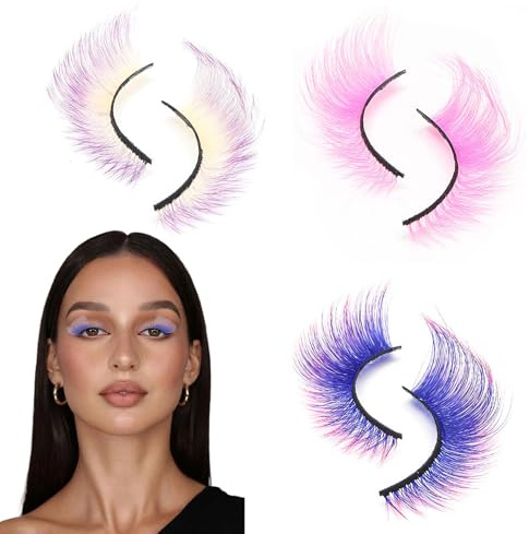 FOSDICK 3 Paare Farbige Wimpern, KüNstliche Wimpern, Rosa Falsche Wimpern, Lila Fake Lashes, Lila False Lashes, Feder Wimpern für Party, Fasching, Maskerade, Bühne, Halloween