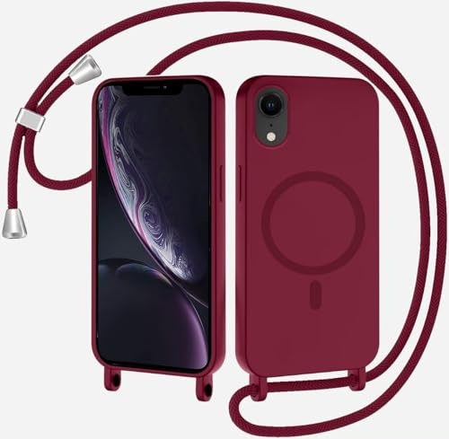 SLWYF Magnetische Handykette für iPhone XR Hülle mit Band, Handyhülle Kompatibel mit MagSafe, Silikon Seil Necklace Handyhülle PU Stoßfest mit Abnehmbar Kordel zum Umhängen Case - Rot