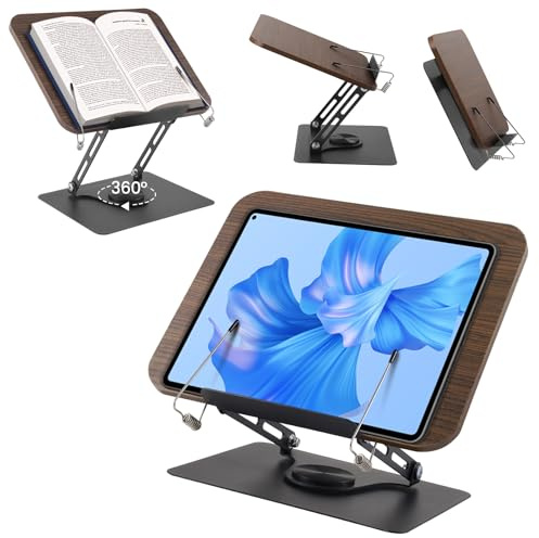 Gxpjycfob Wooden Book Stand for Reading, Adjustable 360° Holder with Elastic Page Clips & Anti-Slip Pads, Foldable Recipe & Cookbook Stand for Kitchen, Desk, Laptop, Kindle