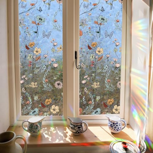 Runtoo Fenster-Sichtschutzfolie, Regenbogen-Boho-Blume, Fensteraufkleber, 3D, dekorativ, Vinyl, Buntglas, Wildblumen-Aufkleber, statischer Aufkleber, nicht klebend, 40 x 101,6 cm