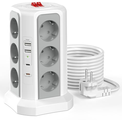 Ciabatta elettrica a 12 prese, con USB HAFINO multipresa con 2 interruttori, protezione da sovratensione, 4000 W/16 A, con cavo da 2 m, torre di presa per ufficio e casa