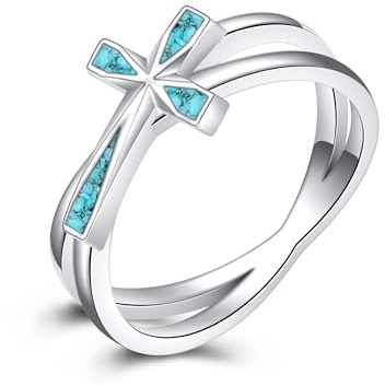 CUPENDA Kreuz Ring 925 Sterling Silber Kreuz Türkis Glaube Jesus Ring Valentinstag Schmuck Für Damen Herren Christlich-55 57 59