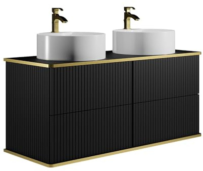 Vente-unique - Meuble de Salle de Bain Suspendu strié liseré doré avec Double Vasque à Poser Ronde - Noir - 120 cm - KELIZA