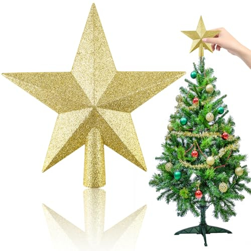 Mini Estrella Dorada Brillante para la Punta del árbol de Navidad PLULON de 11 cm. Adorno navideño pequeño e irrompible para la Punta del árbol. Ideal para el hogar, la Tienda o la Oficina
