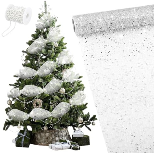 Ruban Sapin Noel en Maille, Guirlande Sapin de Noel avec Collier de Perles, Brillante Guirlande de Décoration de Noël, Rouleau Tulle Noel pour Christmas Tree,Noeud Porte Noel,Garland,26×914cm-Argent
