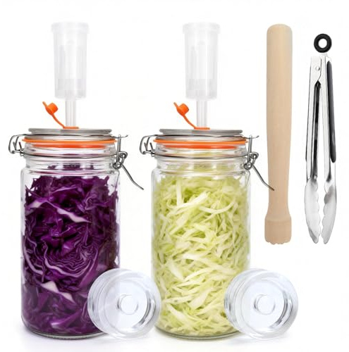 IIRC 1L Fermentierglas Set, Fermentiergläser mit Gärventil und Gewicht, Für Sauerkraut, Kimchi, Gurken usw, Mit Zange und Gärstampfer