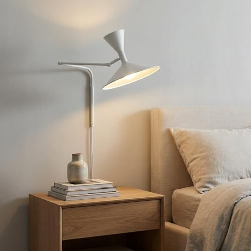 BARCELONA LED Große Wandlampe Industrie 40 cm Durchmesser, Schwenkbarer Wandarm, Vintage und Modern Stil, Metall Weiß Lampenschirm Innen Weiß, Ideal für Restaurant, Treppe Schlafzimmer