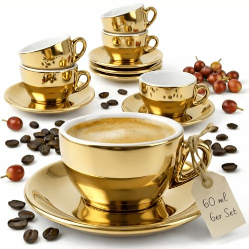 MUVELL 6x Espressotassen 60 ml | Gold - Chrome | Italian Style | dickwandig & schwer | Espresso 6er Set mit Untertassen - Geschenkset