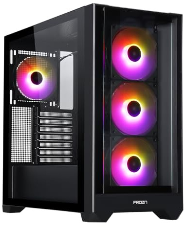 FROZN Aura A-RGB Gaming PC Gehäuse ATX MidiTower - 4X RGB 120mm Lüfter Vorinstalliert, 2X USB-A Front, Tempered Glass Front- und Side-Panel, Schwarz
