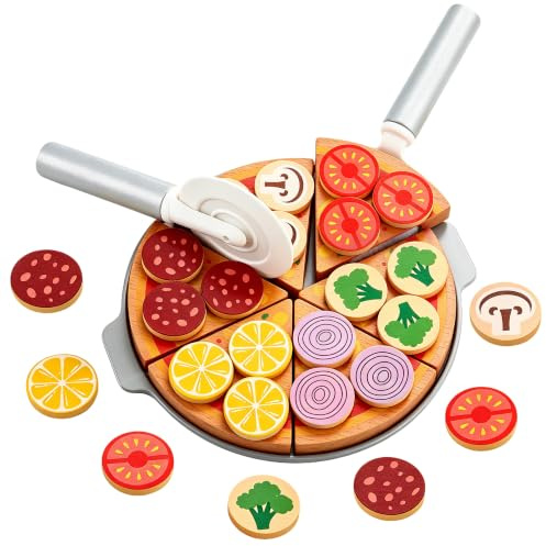 TTOPBAO Pizza Set Holz, 27-Pizza Kinderküche Zubehör, DIY-spielküche zubehör Holz für alle Arten von Kinder kinderküche zubehor, Spielzeug Lebensmittel für Kaufladen
