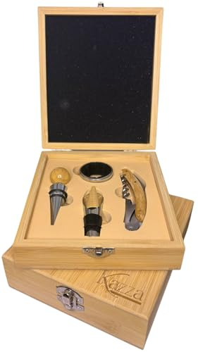 Kazza - Estuche de regalo para vino, bambú, con sacacorchos, tapón, vertedero y parada