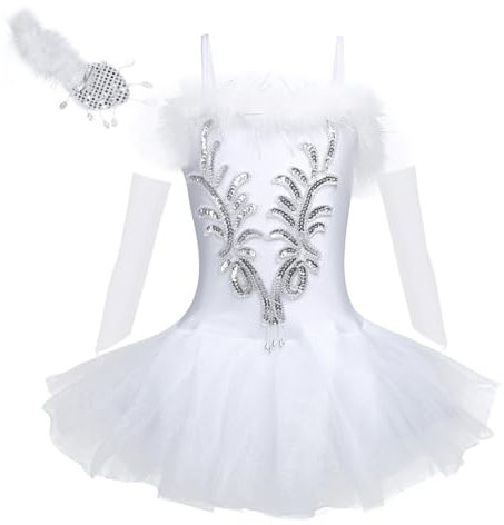 TiaoBug Mädchen Ballettkleidung 3tlg.Set Ballettkleid+Handschuhe+Haarband Kinder Ballettanzug Ballett Trikot Tanz Kostüm Tütü Kleid 104 110 116 122 128 140 152 Weiß 104-110