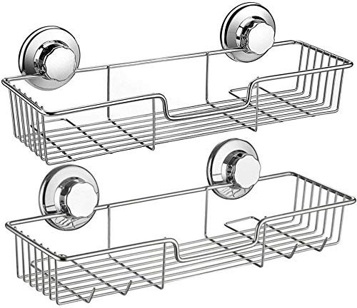 ARCCI Suction Shower Caddy, Shower Shelf Basket with Hooks, Wall Mounted Bathroom Organizer - 304 Stainless Steel Shower Rack for Shampoo, Conditioner Razor, 2 Pack