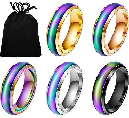 Hicarer 5 Pcs Mood Rings Bulk Size 7/8 Stainless Steel Temperature Changing Color Rings Mood Jewelry for Wedding Birthday Party Favor
